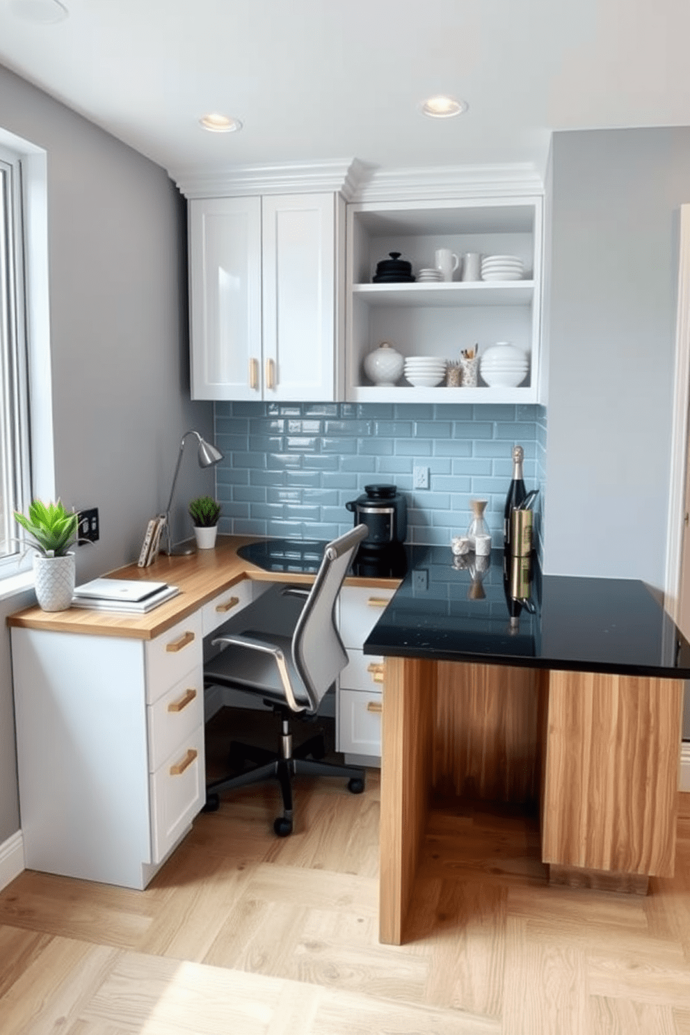 A cozy corner desk space for a home office. The desk is made of light wood with a sleek design, accompanied by a comfortable ergonomic chair. The walls are painted a soft gray, and a large window allows natural light to flood the area. A few potted plants and stylish stationery are neatly arranged on the desk, creating an inviting workspace. A modern corner kitchen design that maximizes space and functionality. The cabinets are a glossy white with gold hardware, and the countertops are a striking black granite. An island with bar stools provides additional seating, while open shelving displays elegant dishware. The backsplash features a trendy subway tile in a soft blue hue, adding a pop of color to the design.