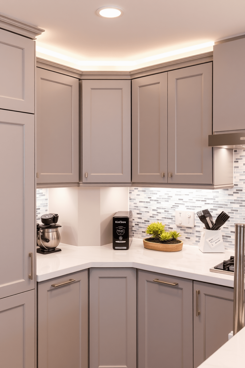 A modern corner kitchen design that maximizes space and functionality. The cabinetry features a sleek finish in a soft gray tone, complemented by a white quartz countertop with subtle veining. Integrated corner lighting enhances the ambiance, providing warm illumination throughout the space. Under-cabinet lighting highlights the backsplash, which showcases a mosaic of soft blues and whites.