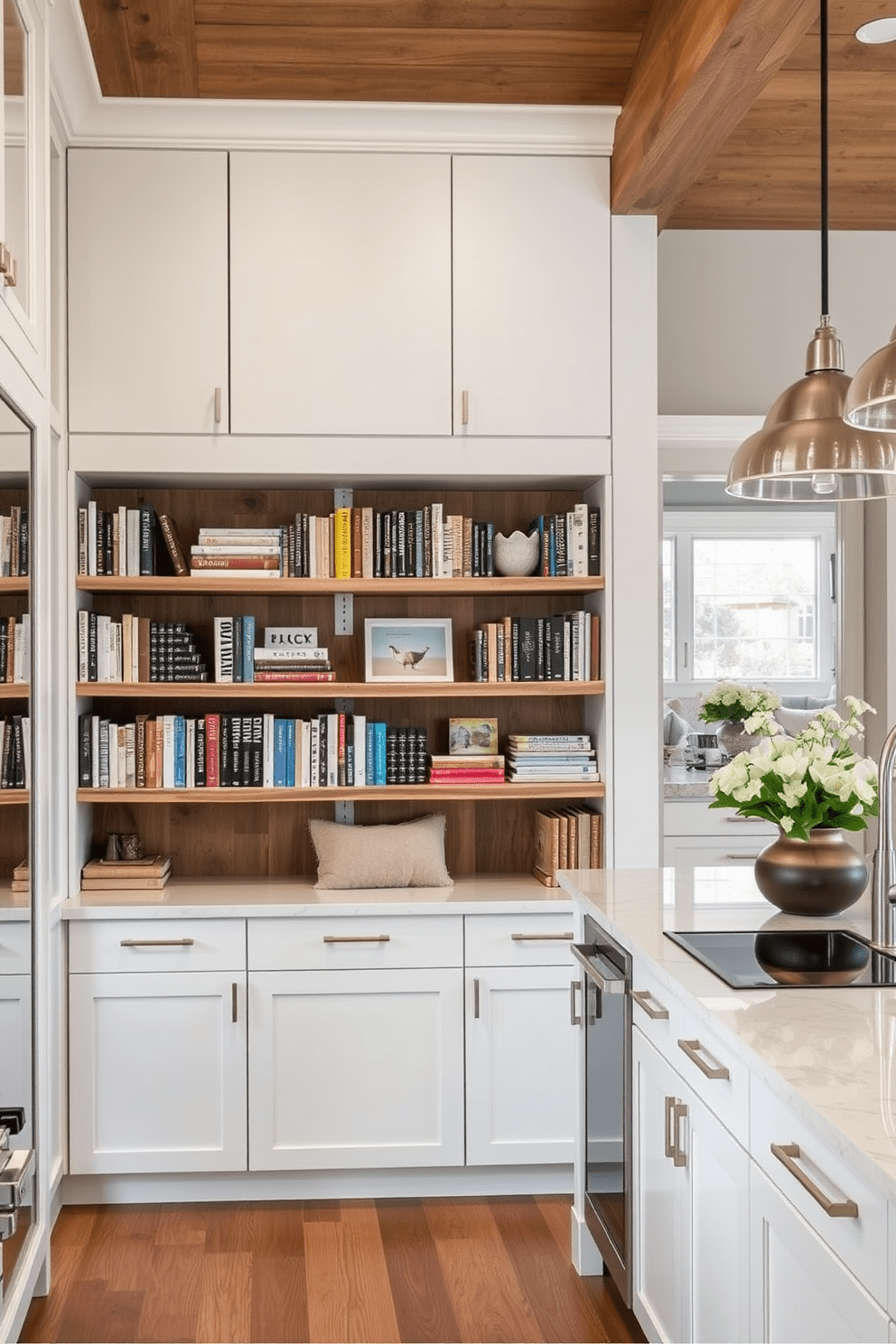 A cozy corner bookcase in a kitchen library filled with cookbooks and decorative items. The shelves are made of reclaimed wood, and a comfortable reading nook with a plush chair is nestled beside it. A modern kitchen design featuring an open layout with sleek cabinetry and a large island. The space is enhanced by pendant lighting and a combination of warm wood tones and crisp white finishes.