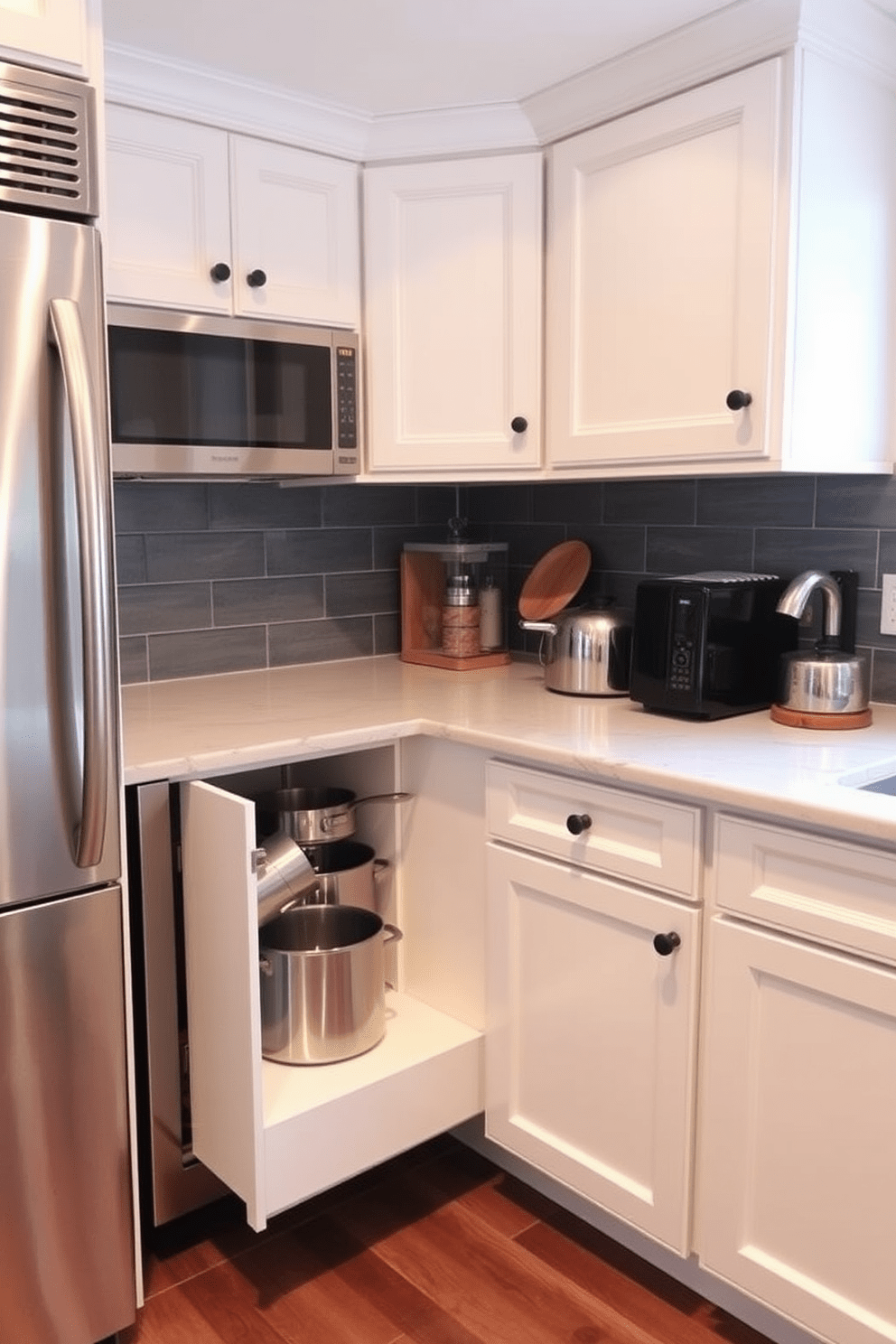 A corner kitchen features a Lazy Susan installed in a base cabinet for easy access to pots and pans. The cabinetry is painted in a warm white shade, complemented by a sleek marble countertop and stainless steel appliances.