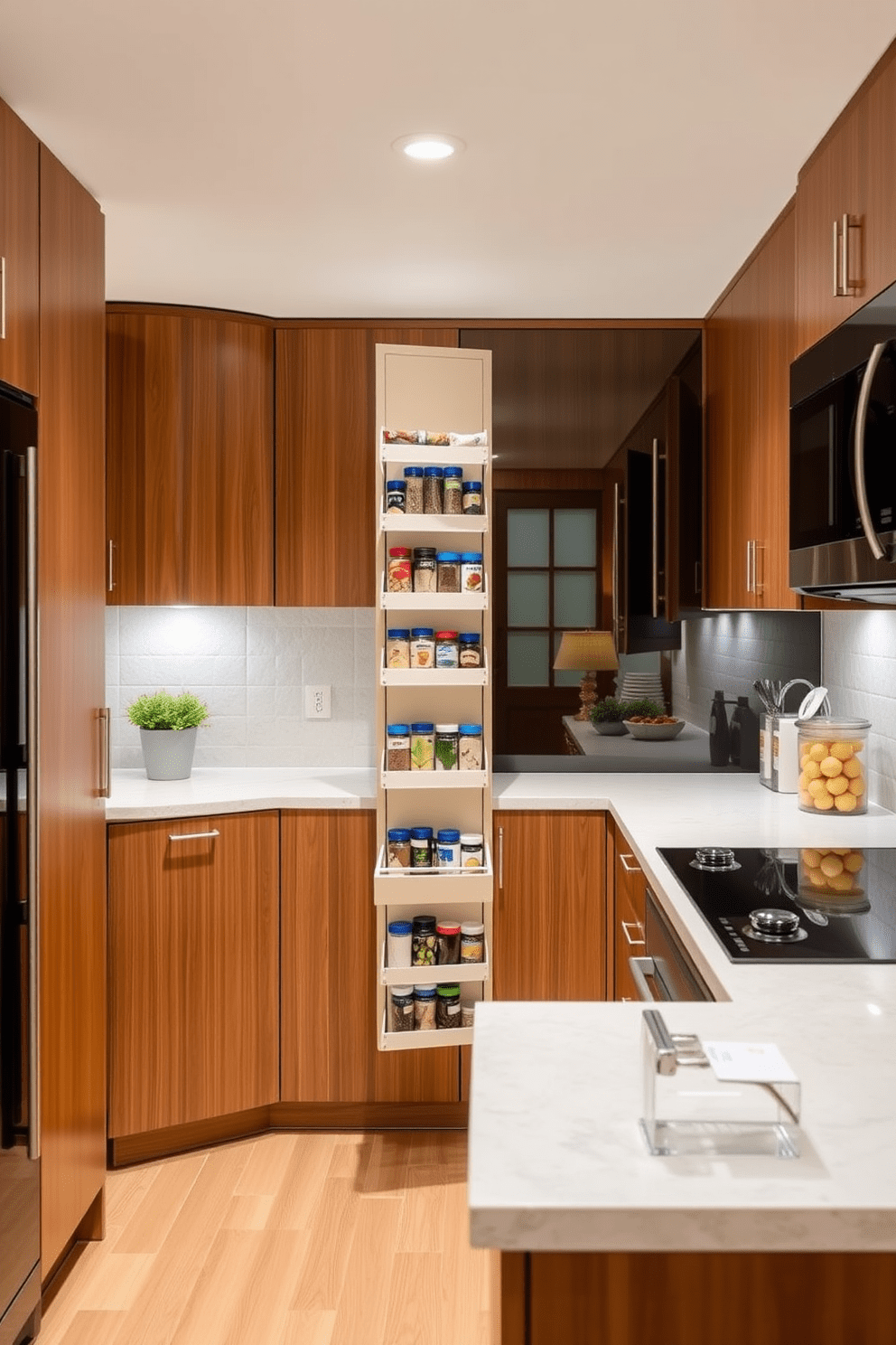 A corner kitchen features a pull-down spice rack seamlessly integrated into the cabinetry. The design includes sleek countertops, modern appliances, and warm wood finishes that create a welcoming atmosphere.