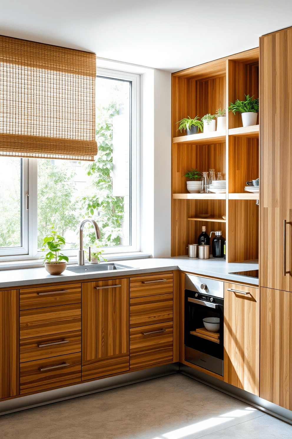 A serene corner kitchen featuring bamboo storage solutions that emphasize eco-friendliness. The cabinetry is sleek and modern, with open shelving displaying plants and kitchenware, creating a harmonious blend of nature and functionality. Natural light floods the space through a large window, highlighting the warm tones of the bamboo. A small herb garden sits on the windowsill, adding a touch of greenery and freshness to the design.