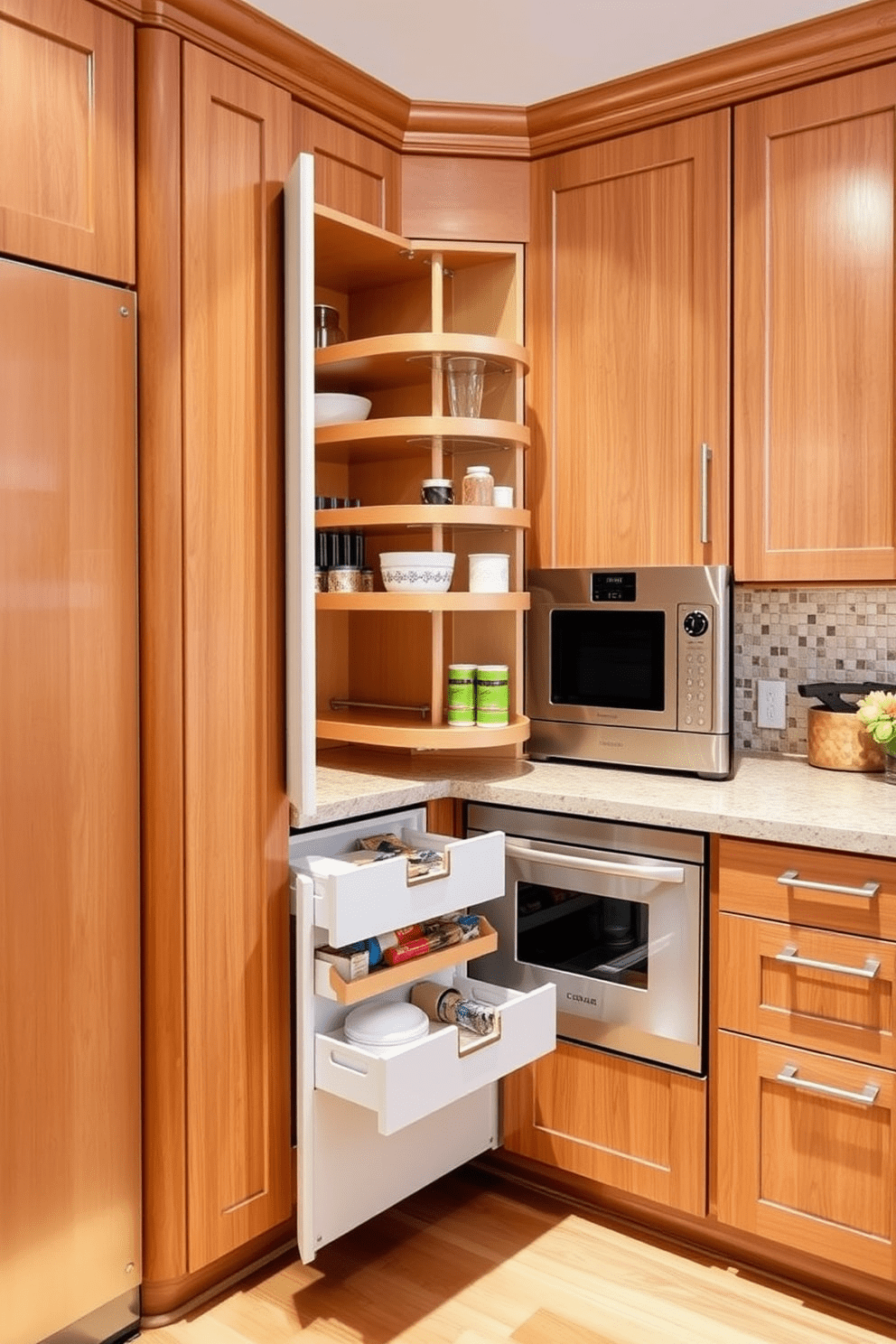 A stylish corner cabinet with rotating trays maximizes storage efficiency and adds a functional element to the kitchen. The cabinet features a sleek finish and is designed to blend seamlessly with the surrounding cabinetry. In the kitchen, the layout emphasizes an open concept with an inviting atmosphere. Bright, modern appliances complement the warm wood tones of the cabinets, creating a harmonious and stylish space.