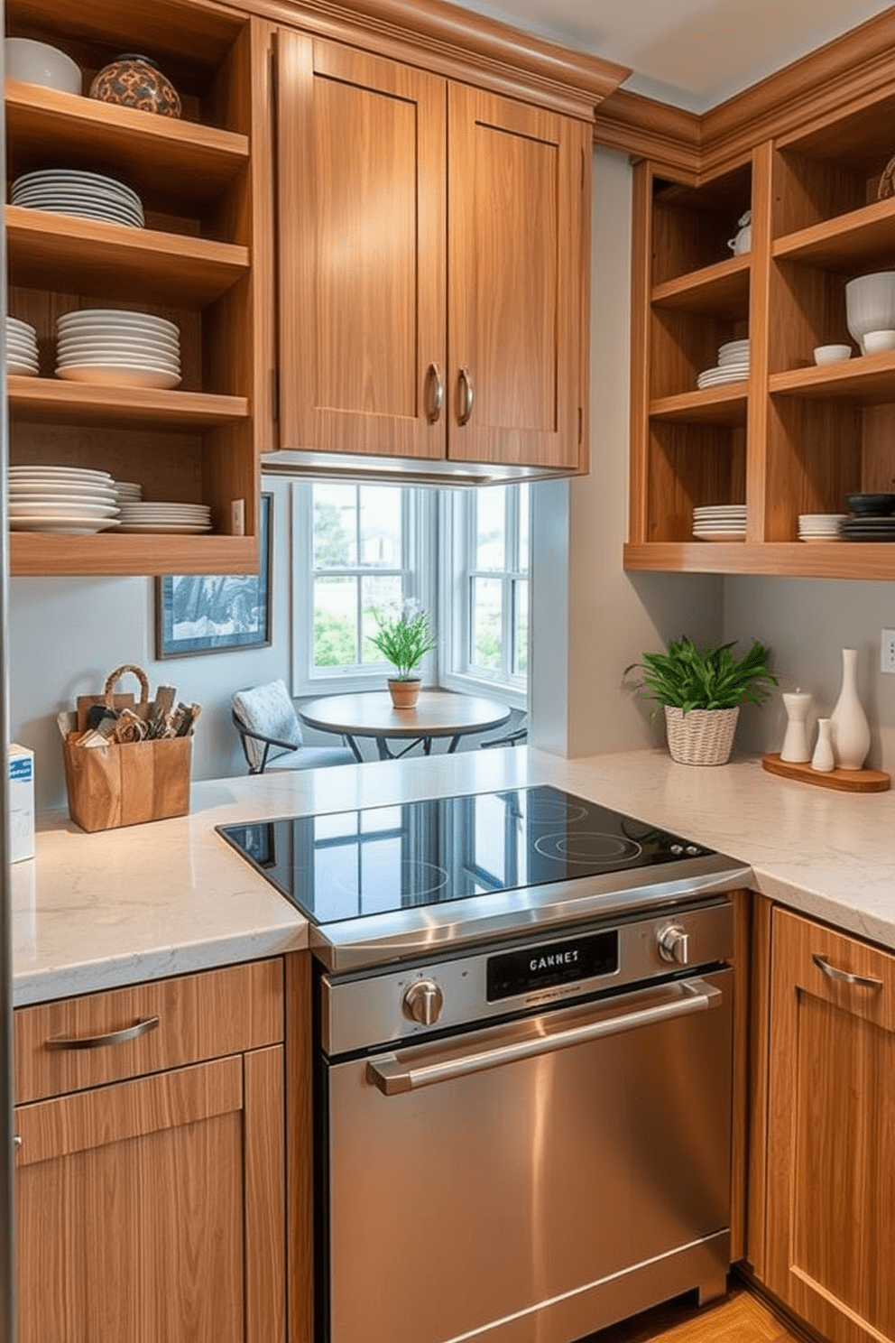 A corner kitchen designed for efficiency features a sleek cooktop seamlessly integrated into the cabinetry. Surrounding the cooktop, ample counter space allows for easy meal preparation and organization. The cabinetry is a mix of open shelves and closed storage, showcasing stylish dishware while keeping essentials tucked away. A cozy breakfast nook is nestled in the corner, providing a warm and inviting space for casual dining.