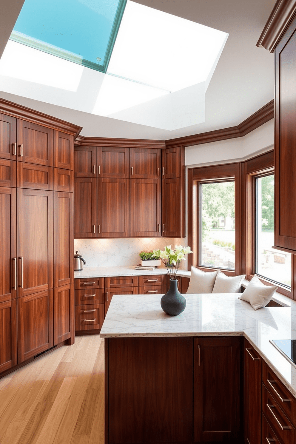 Custom cabinetry for unique corner shapes. The cabinetry features sleek lines and a blend of rich wood tones, maximizing storage while maintaining an elegant aesthetic. Corner kitchen design ideas include a spacious layout that enhances functionality. The design incorporates a cozy breakfast nook with built-in seating, surrounded by large windows for natural light.