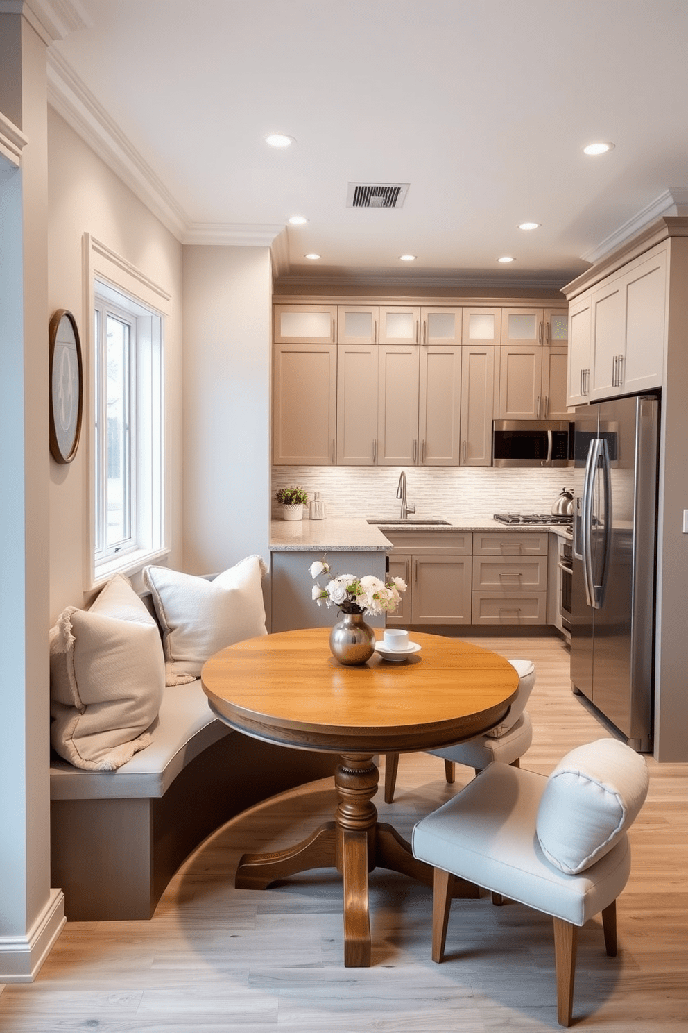 A cozy corner breakfast nook with plush cushions in soft pastel colors. The nook features a round wooden table surrounded by comfortable seating, creating an inviting space for morning meals. A modern kitchen design with sleek cabinetry and a spacious island. The kitchen showcases stainless steel appliances and a stylish backsplash, combining functionality with contemporary aesthetics.