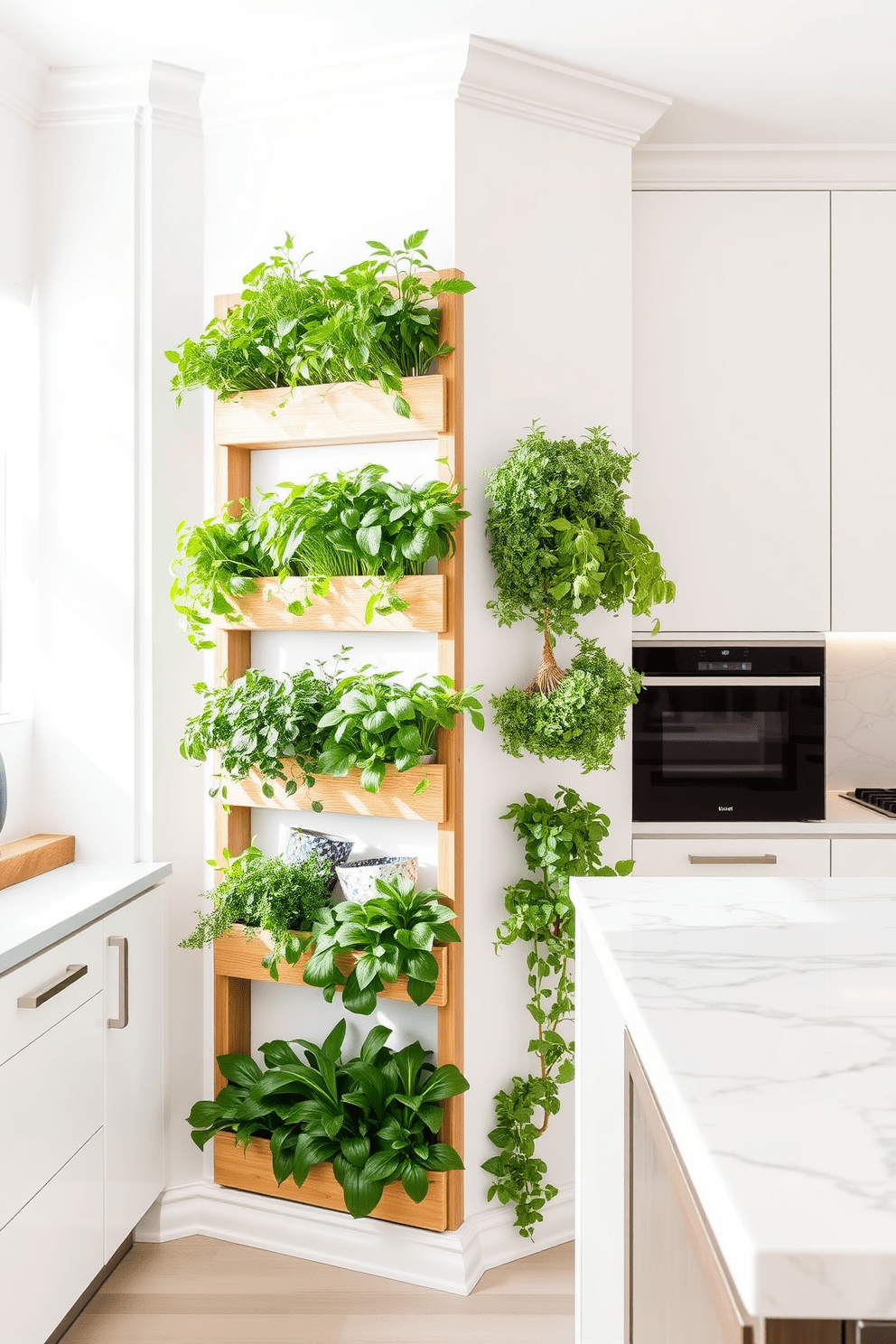 A vertical herb garden is elegantly arranged in the corner space, showcasing a variety of fresh herbs in vibrant green hues. The wooden structure is crafted with multiple tiers, allowing for easy access and optimal sunlight exposure. The corner kitchen design features sleek cabinetry in a soft white finish, complemented by a striking marble backsplash. A spacious island with bar seating invites social interaction while providing ample workspace for culinary creations.