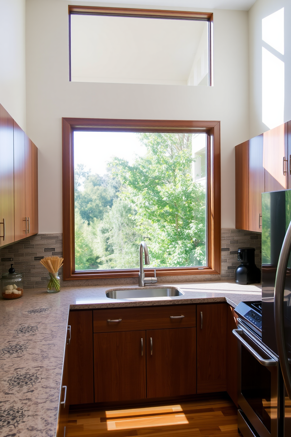 A corner sink is positioned beneath a large window, allowing natural light to flood the space. The view outside features lush greenery, creating a serene atmosphere for the kitchen. The kitchen design showcases a blend of modern and rustic elements, with wooden cabinetry and sleek stainless steel appliances. A spacious countertop extends around the corner, providing ample workspace for meal preparation.