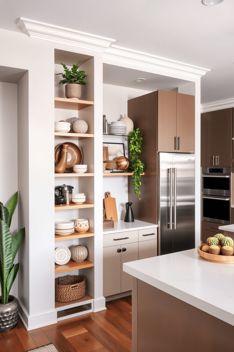 Open shelving in the corner showcases a curated selection of decorative items, including plants and artisanal dishware. The kitchen features a modern design with sleek cabinetry, a large island, and stainless steel appliances, creating a functional yet stylish space.