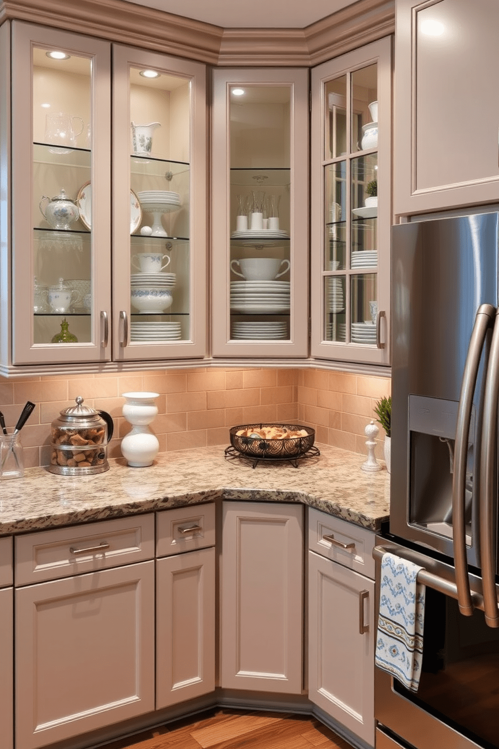 A stylish corner kitchen featuring glass-front corner cabinets that elegantly display fine china and decorative items. The cabinets are complemented by sleek granite countertops and modern stainless steel appliances, creating a seamless blend of functionality and aesthetics.