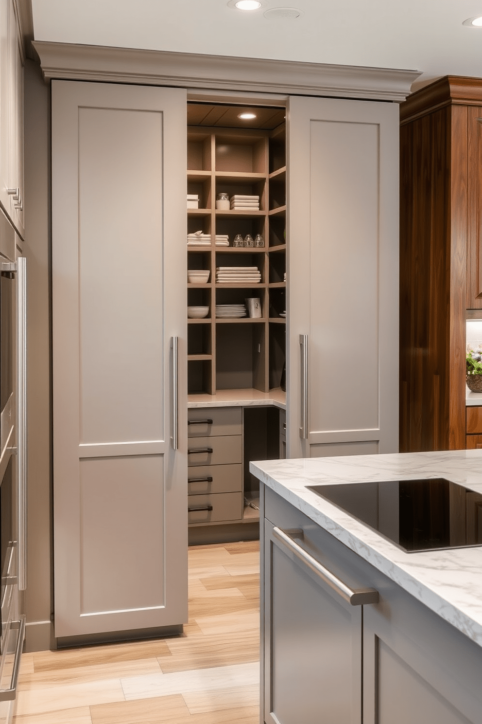 A corner pantry with sliding doors features sleek cabinetry in a soft gray finish. The sliding doors are framed in brushed nickel, providing easy access to organized storage. The kitchen design showcases an open layout with a large island topped with quartz. Warm wood accents complement the modern appliances and create a welcoming atmosphere.