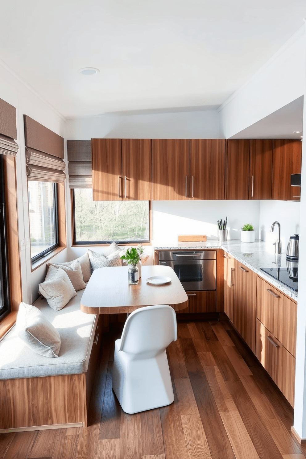 A cozy dining area featuring a built-in corner bench with plush cushions and a wooden table. The walls are painted in a soft white, and large windows allow natural light to flood the space. An inviting corner kitchen design showcasing sleek cabinetry in a warm wood finish. The countertops are made of polished granite, and modern appliances blend seamlessly into the overall aesthetic.