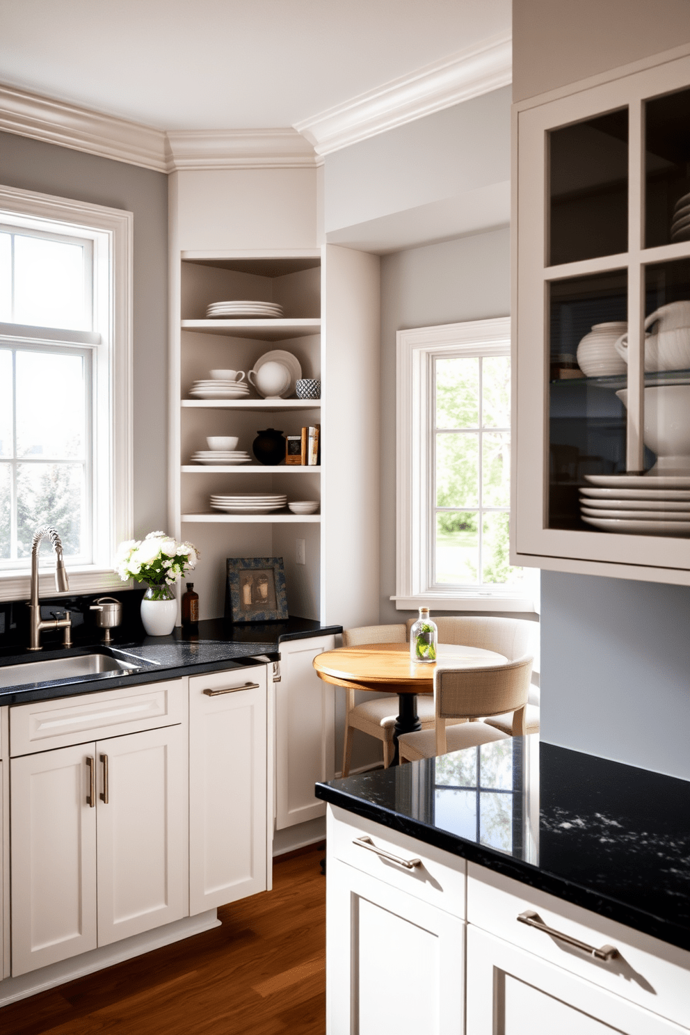 A corner kitchen featuring diagonal cabinets that create a unique and modern aesthetic. The cabinets are finished in a sleek matte white, complemented by a dark granite countertop that adds depth and contrast. Natural light floods the space through a large window above the sink, highlighting the open shelving adorned with stylish dishware. A cozy breakfast nook is nestled beside the cabinets, complete with a round wooden table and upholstered chairs for a warm and inviting atmosphere.