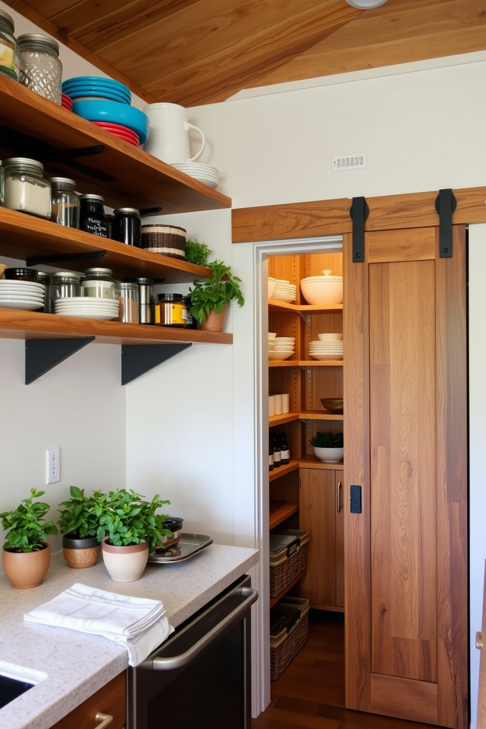 Open shelving with rustic wood accents creates a warm and inviting atmosphere in the kitchen. The shelves are filled with an assortment of colorful dishes, glass jars, and potted herbs, enhancing both functionality and aesthetics. A corner pantry design maximizes space while keeping essentials organized and accessible. The pantry features wooden shelves, woven baskets, and a sliding door that blends seamlessly with the kitchen decor.