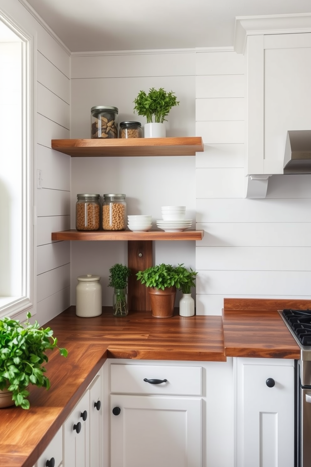 A cozy farmhouse kitchen featuring shiplap walls painted in a soft white hue. The corner pantry is designed with open shelving made of reclaimed wood, showcasing rustic jars and fresh herbs.