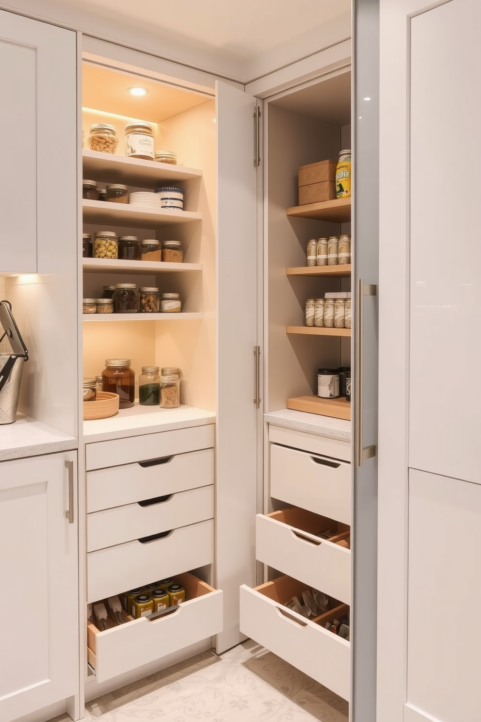 A corner pantry with pull-out drawers maximizes storage while maintaining an organized and efficient layout. The sleek design features soft-close mechanisms and a combination of shelves and drawers to easily access ingredients and kitchen tools. The pantry is illuminated with warm LED lighting, highlighting the neatly arranged jars and containers. A stylish door with a frosted glass panel adds a modern touch while allowing light to flow into the pantry space.