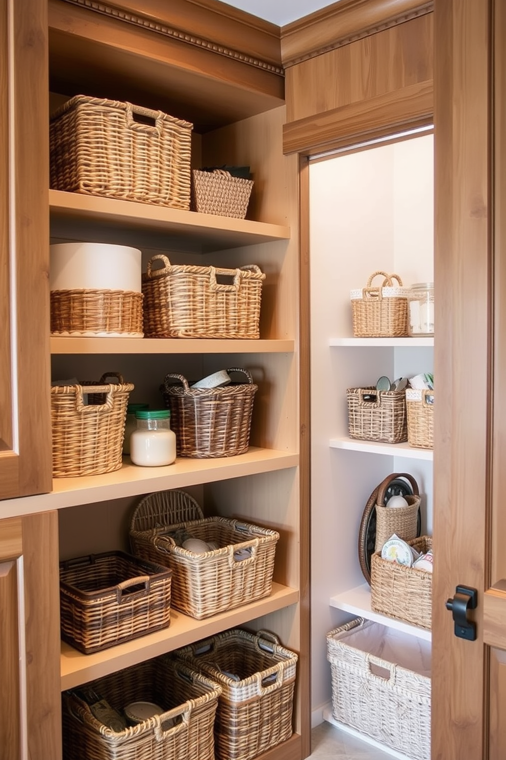 A collection of decorative baskets arranged neatly on a shelf, showcasing a variety of textures and colors. Each basket is filled with kitchen essentials, adding both style and functionality to the space. A corner pantry designed with open shelving and decorative baskets for organized storage. The pantry features a warm wood finish and is illuminated by soft, ambient lighting to highlight the beautiful arrangement.