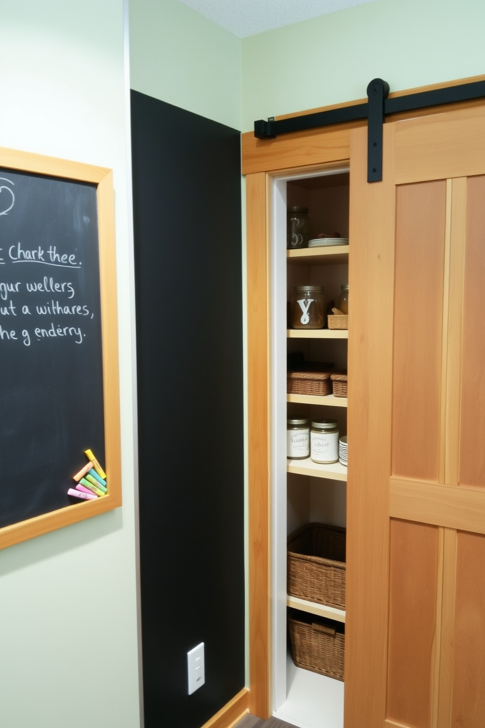 A chalkboard wall is installed in a cozy kitchen, providing a perfect space for notes and lists. The wall is framed with wooden trim, and colorful chalks are neatly arranged on a small shelf below. In the corner, a stylish pantry features open shelving made of reclaimed wood, showcasing neatly organized jars and baskets. The pantry door is a sliding barn door, adding a rustic charm to the overall design.