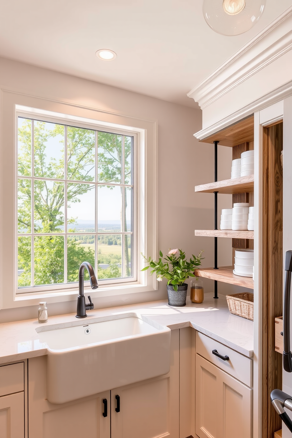 A corner sink with a view outside features a large window that frames a picturesque landscape. The sink is elegantly designed with a farmhouse style and surrounded by lush greenery. The corner pantry design includes open shelving made of reclaimed wood for easy access to kitchen essentials. Soft lighting highlights the organized space, creating a warm and inviting atmosphere.