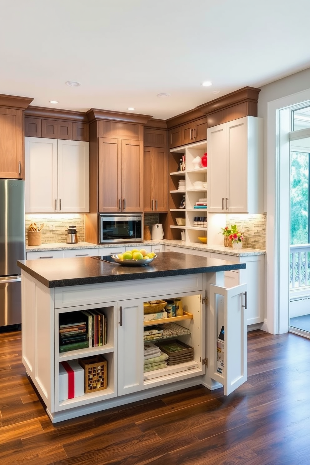 A multi-functional kitchen island features ample countertop space for food preparation and casual dining. Integrated pantry space is cleverly designed beneath the island, providing easy access to kitchen essentials while maintaining a clean aesthetic. The corner pantry design maximizes storage by utilizing the often-overlooked space in the kitchen. Shelving is arranged thoughtfully to accommodate various items, ensuring everything is within reach while keeping the area organized and stylish.