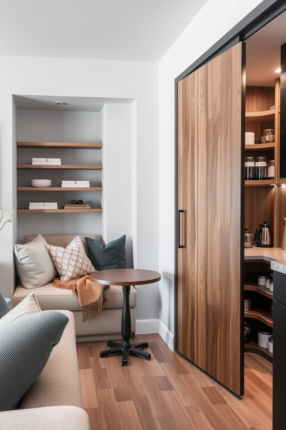 Open concept living area featuring a cozy nook with plush seating and a small round table. The nook is adorned with soft cushions and a warm throw blanket, creating an inviting space for relaxation. Adjacent to the nook, a stylish corner pantry maximizes storage with elegant wooden shelves and organized containers. The pantry door is a sleek sliding design that complements the overall aesthetic of the open space.