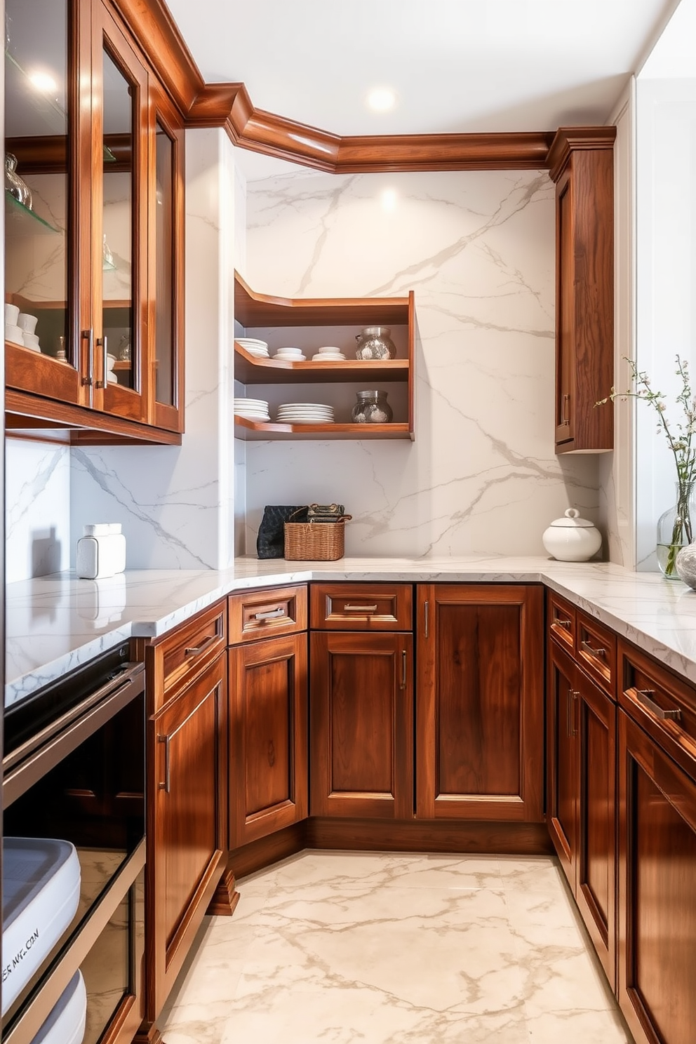 A corner pantry with elegant marble countertops creates a luxurious and functional space. The cabinetry is crafted from rich wood, complementing the sleek marble and providing ample storage for kitchen essentials.