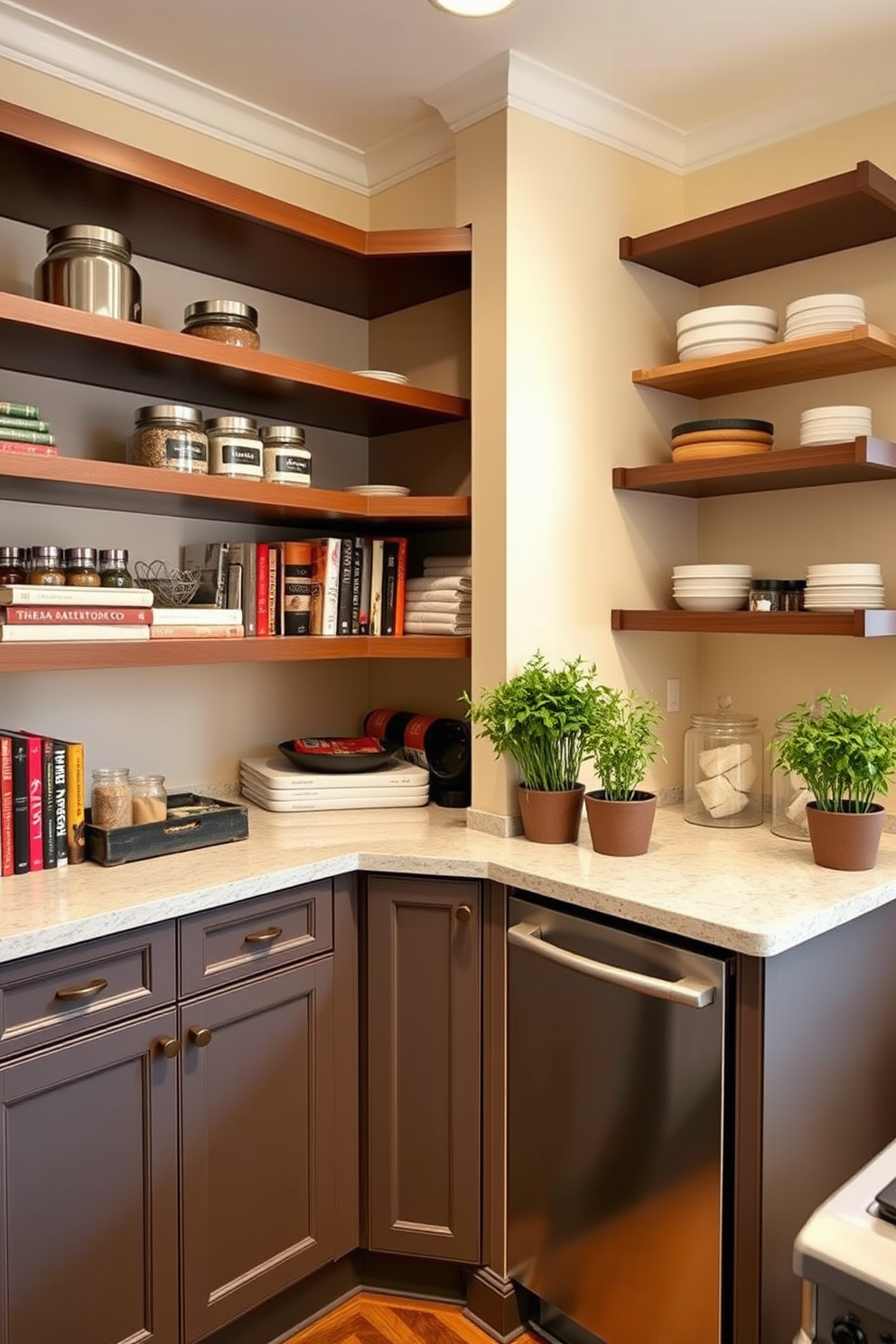 A stylish corner pantry with a blend of open and closed storage options. The design features sleek wooden shelves displaying decorative jars and cookbooks, while closed cabinets below provide ample space for bulk items and kitchen essentials. The walls are painted in a soft cream color, creating a warm and inviting atmosphere. A small countertop area is included for meal prep, adorned with fresh herbs in decorative pots.