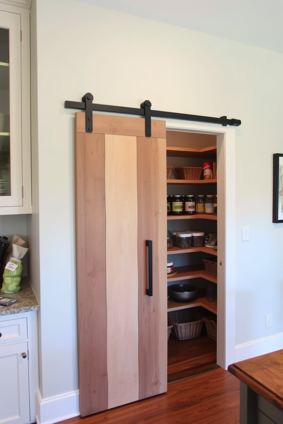 A sliding barn door made of reclaimed wood provides easy access to the corner pantry. The pantry features open shelving with neatly organized jars and baskets, enhancing both functionality and aesthetic appeal.