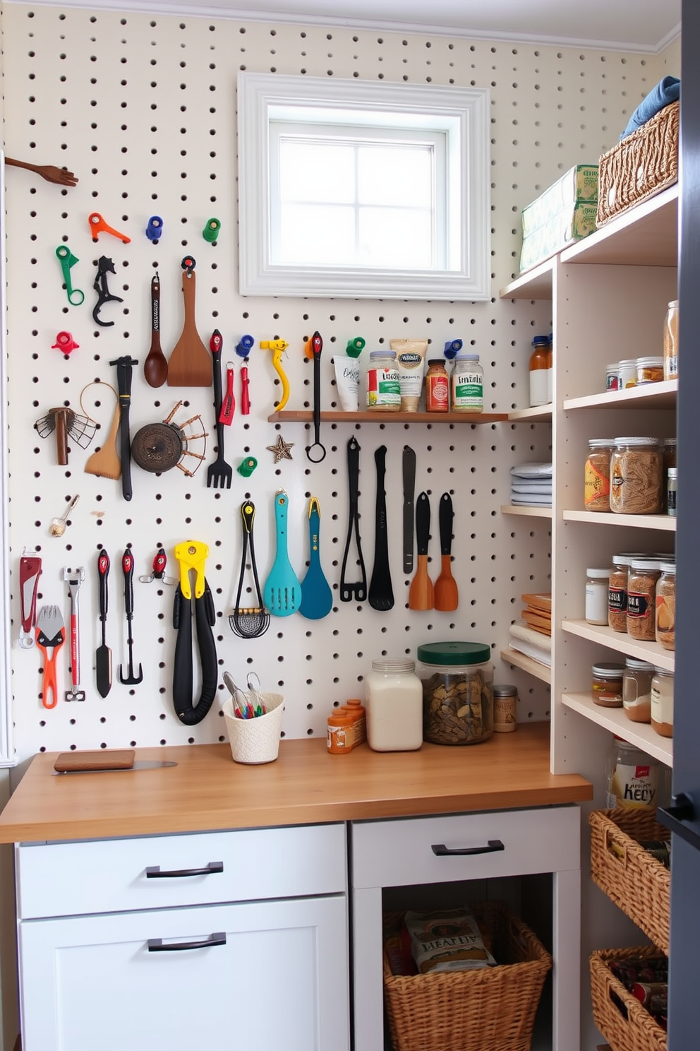 A pegboard wall designed for hanging items features a grid of evenly spaced holes with colorful hooks and shelves. This functional and stylish setup includes various tools, kitchen utensils, and decorative elements to enhance organization and aesthetics. The corner pantry design maximizes space with custom shelving and pull-out drawers. Natural light filters in through a small window, illuminating the neatly arranged jars and baskets that hold dry goods and pantry essentials.