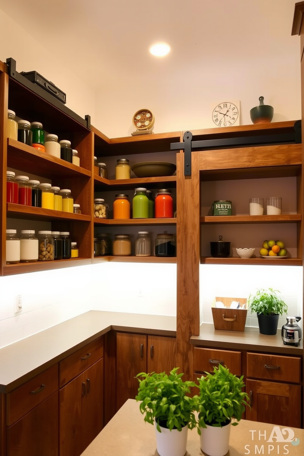 A cozy corner pantry with open shelving showcasing an array of colorful jars and decorative items. Soft accent lighting illuminates the shelves, creating a warm and inviting atmosphere. The pantry features a sliding barn door made of reclaimed wood, adding rustic charm to the space. A small countertop area is included for meal prep, adorned with fresh herbs in decorative pots.