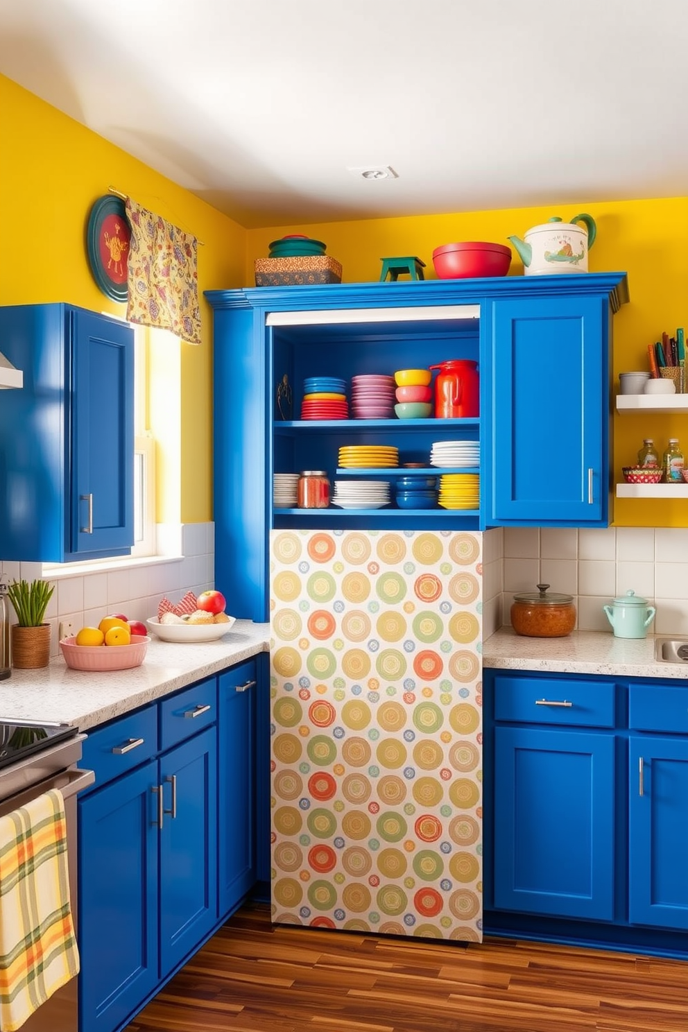 A vibrant kitchen space filled with bright colors to energize the atmosphere. The walls are painted in a cheerful yellow, complemented by bold blue cabinetry and colorful accents throughout. The corner pantry features open shelving displaying an array of colorful dishes and jars. A sliding door with a fun pattern adds a playful touch while maximizing space efficiency.