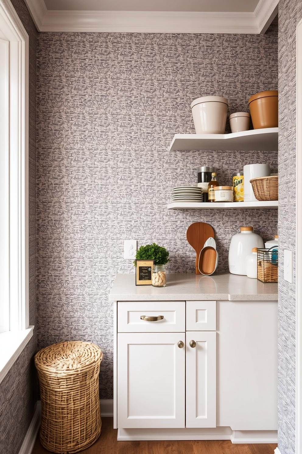 Textured wallpaper adds depth and character to any room, creating a unique focal point that enhances the overall aesthetic. Consider using a subtle geometric pattern in soft colors to complement the surrounding decor. A corner pantry can maximize space while providing ample storage for kitchen essentials. Incorporate open shelving for easy access to frequently used items and stylish containers to keep everything organized.