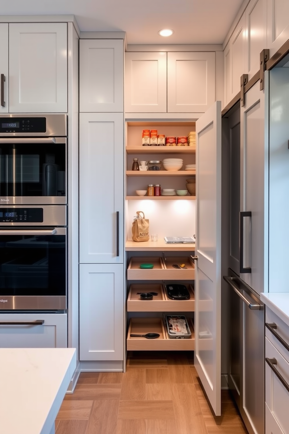 A sleek kitchen featuring integrated appliances that blend effortlessly with the cabinetry. The refrigerator, oven, and dishwasher are all hidden behind matching cabinet doors, creating a streamlined and cohesive appearance. A corner pantry designed with open shelving and pull-out drawers for easy access to ingredients. The pantry door is a stylish sliding barn door that adds character while maximizing space efficiency.