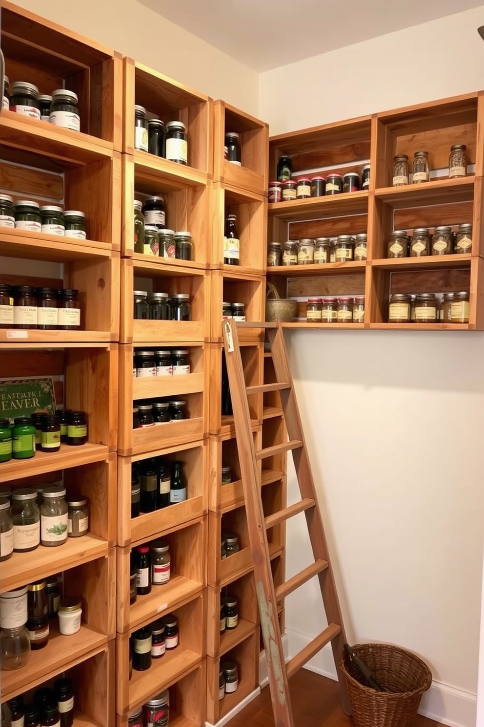 A charming corner pantry featuring wooden crates as rustic shelving. The crates are stacked vertically, showcasing a variety of jars, herbs, and spices, creating an inviting and organized space. The walls are painted in a soft cream color, enhancing the warmth of the natural wood. A small vintage ladder leans against the crates, adding character and providing easy access to the top shelves.