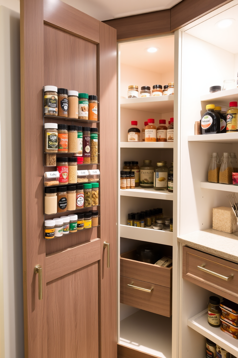 A magnetic spice rack is mounted on the inside of the pantry door, showcasing an array of colorful spice jars for easy access. The sleek design maximizes storage space while adding a modern touch to the kitchen. The corner pantry features custom shelving that utilizes every inch of space, with pull-out drawers for convenient organization. Soft LED lighting illuminates the shelves, highlighting the beautiful array of spices and pantry essentials.