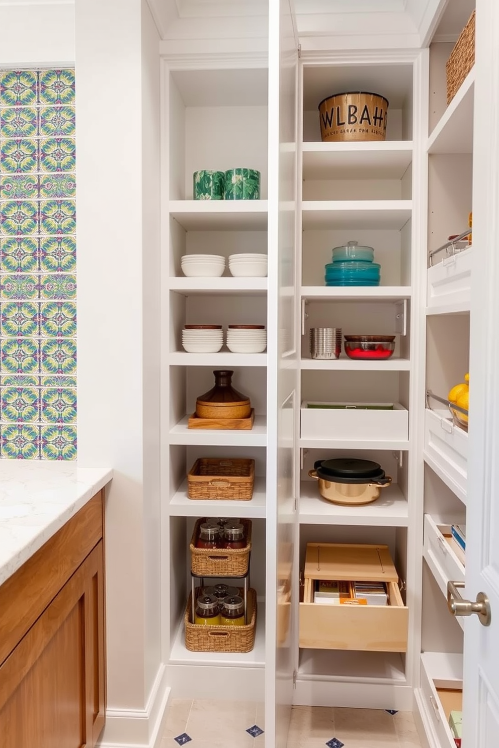 Decorative tiles for a unique backsplash. The tiles feature intricate patterns in vibrant colors that create a focal point in the kitchen. Corner pantry design ideas. The pantry utilizes every inch of space with custom shelving and pull-out drawers for maximum storage efficiency.