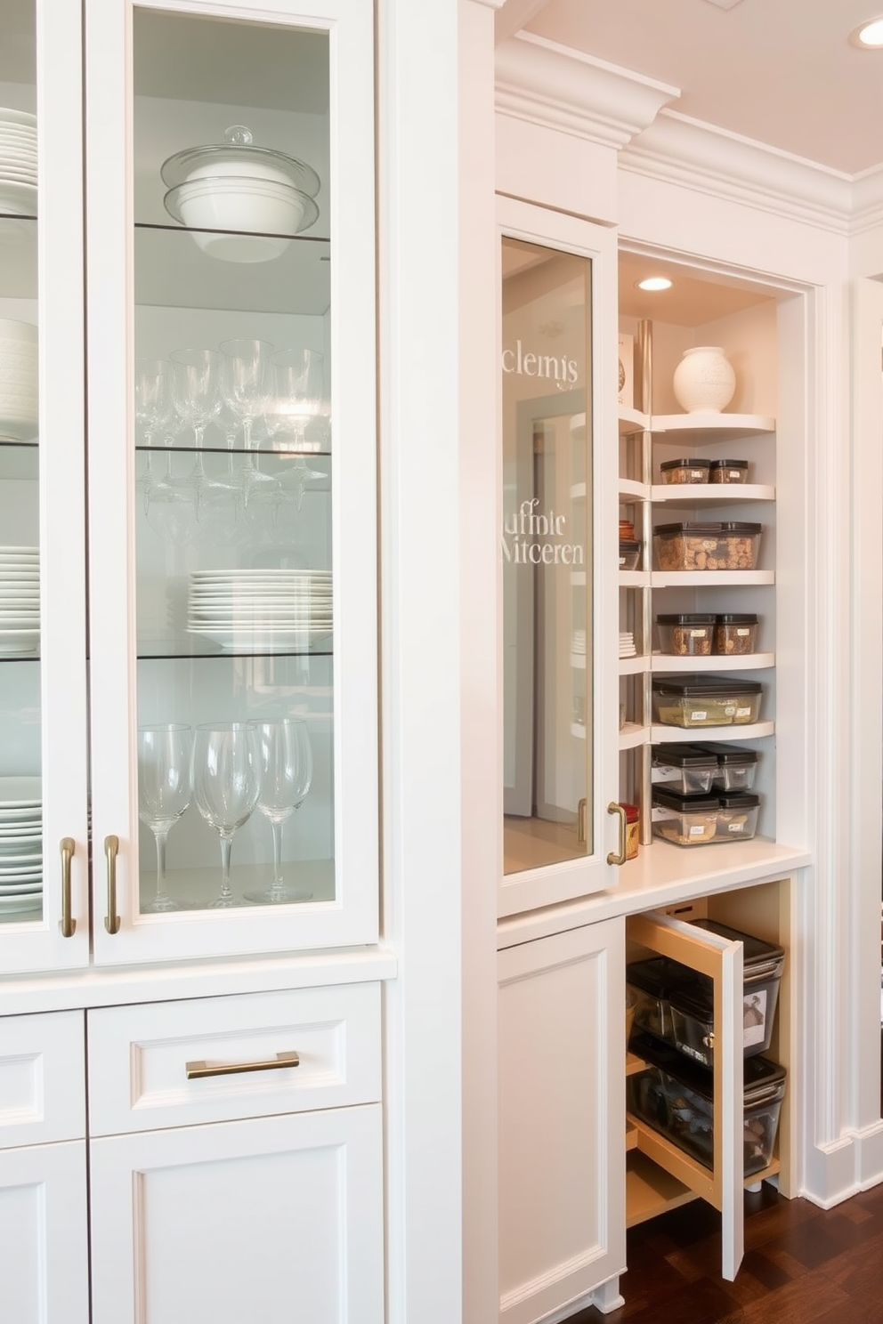 A stylish kitchen featuring glass-front cabinets that showcase elegant dishware and glassware. The cabinets are framed in a sleek white finish, creating a bright and airy feel in the space. Adjacent to the cabinets, a well-organized corner pantry maximizes storage efficiency. It includes pull-out shelves and clear containers, making it easy to access ingredients while maintaining a tidy appearance.