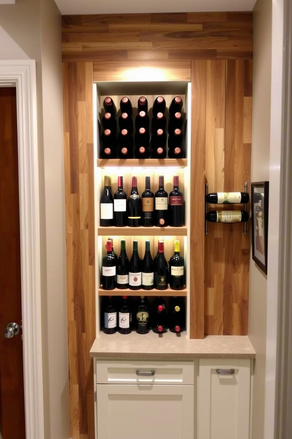 A cozy corner pantry featuring a built-in wine rack that showcases an array of bottles. The shelves are crafted from reclaimed wood, adding warmth and character to the space. Soft ambient lighting illuminates the pantry, highlighting the wine selection and creating an inviting atmosphere. A small countertop area is perfect for wine accessories, complementing the overall design.