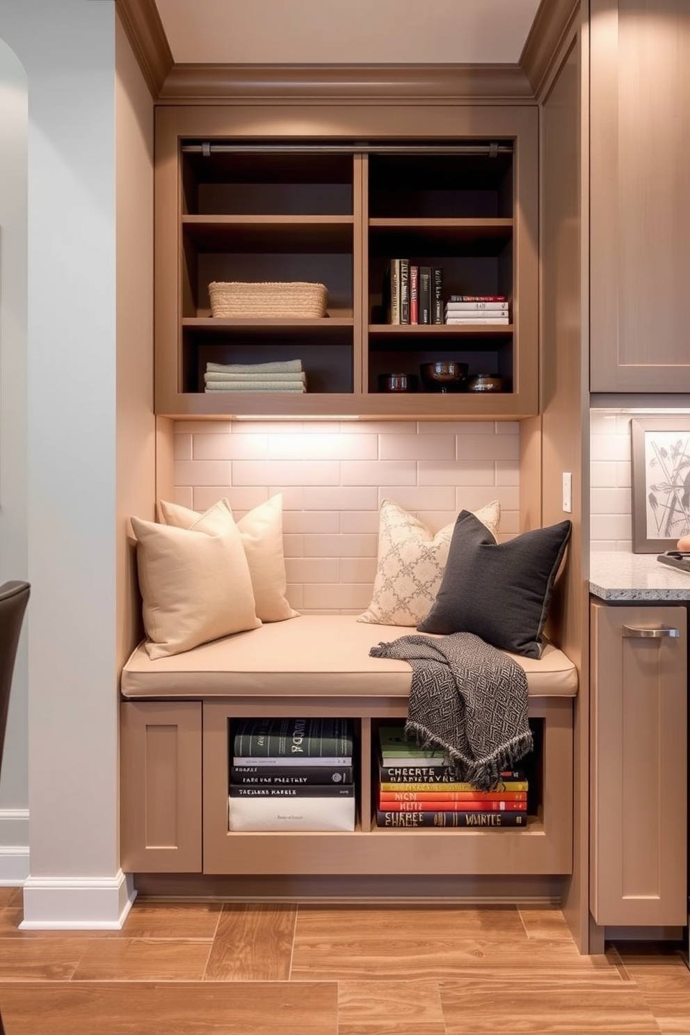 A cozy built-in corner bench with plush cushions offers a perfect spot for relaxation. The bench features hidden storage underneath, ideal for keeping blankets and books organized. The corner pantry is designed with open shelving and sleek cabinetry for easy access to kitchen essentials. A stylish sliding door adds a modern touch while maximizing space efficiency.