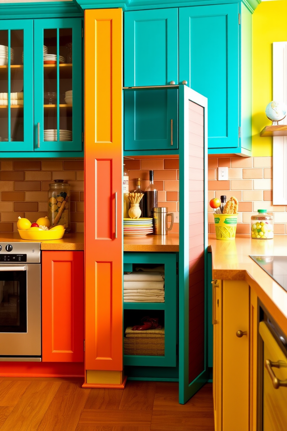 A vibrant kitchen featuring colorful cabinetry that adds a lively pop of color to the space. The cabinets are painted in a mix of bright hues, including teal, yellow, and coral, creating an inviting atmosphere. Incorporated into the design is a corner pantry that maximizes storage while maintaining accessibility. The pantry door is a stylish sliding design, seamlessly blending with the colorful cabinetry while providing easy access to kitchen essentials.