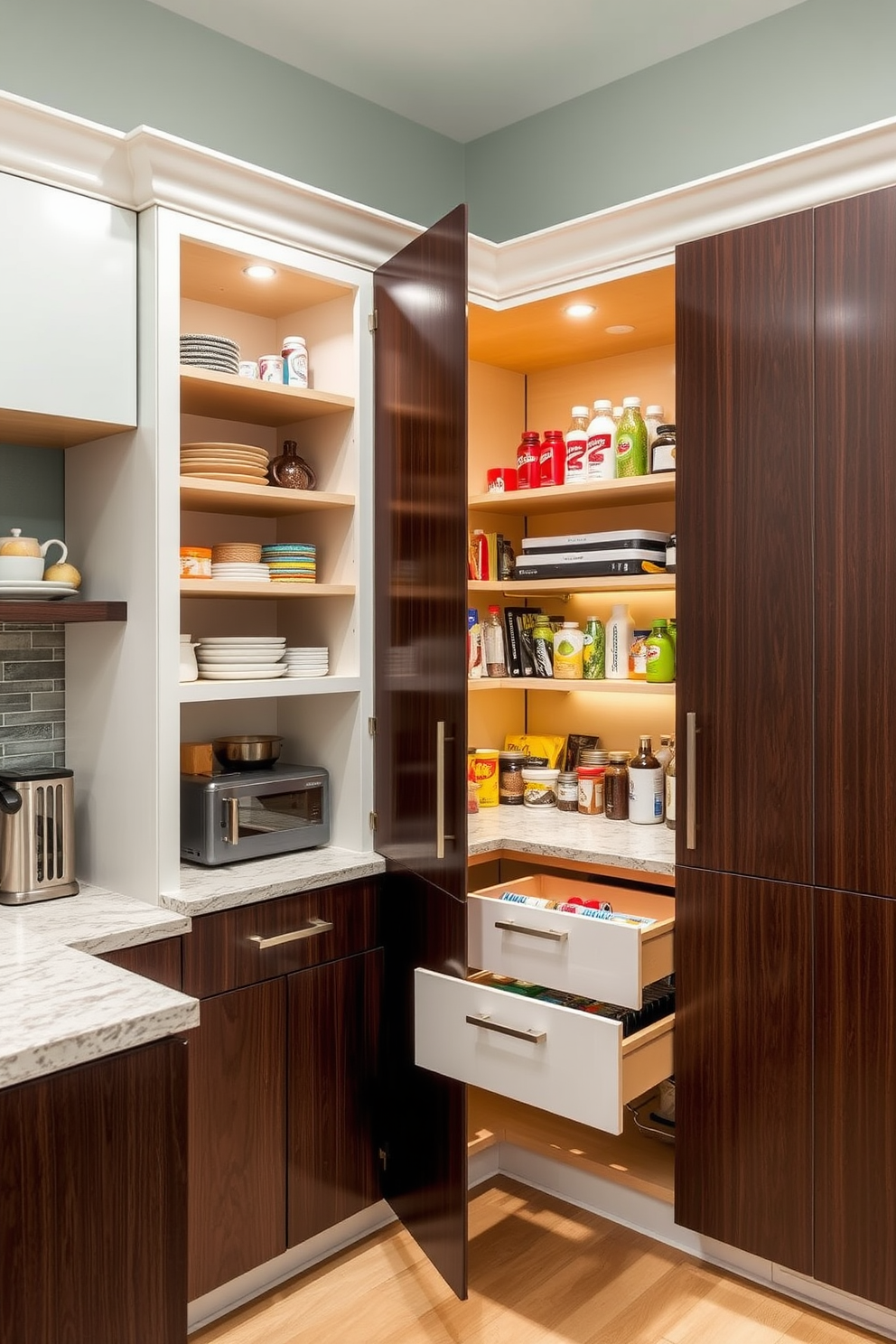 Vertical storage solutions enhance any kitchen by utilizing height to create additional storage without taking up valuable floor space. A sleek corner pantry features open shelving for easy access to frequently used items, while closed cabinets keep less-used items tucked away. Incorporating pull-out drawers in vertical storage can streamline organization and make it easier to reach items at the back. The corner pantry can also include a built-in countertop for meal prep or a coffee station, maximizing functionality in a compact area.