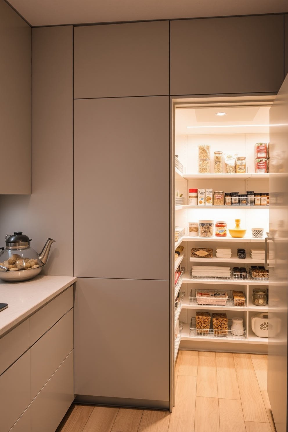 A hidden pantry behind a false wall offers a seamless integration with the kitchen decor. The wall features a sleek panel that blends with the surrounding cabinetry, creating a minimalist aesthetic. Inside the pantry, ample shelving is organized for optimal storage of dry goods and kitchen essentials. Soft LED lighting illuminates the space, enhancing visibility while maintaining a warm and inviting atmosphere.