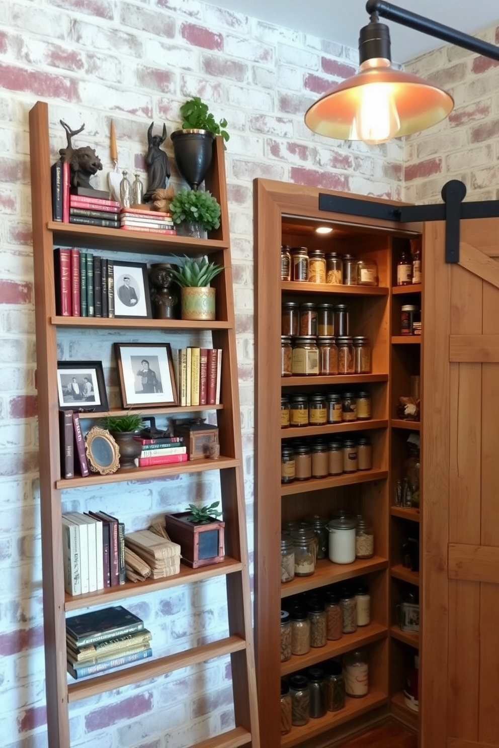 A ladder shelf made of reclaimed wood leans against a textured brick wall, showcasing an array of vintage books and decorative plants. The shelf is adorned with antique trinkets and framed black-and-white photographs, creating a cozy and nostalgic atmosphere. The corner pantry features open shelving made of distressed wood, filled with glass jars of spices and dried goods. A vintage-style sliding barn door adds character, while warm pendant lighting illuminates the space, enhancing the rustic charm.