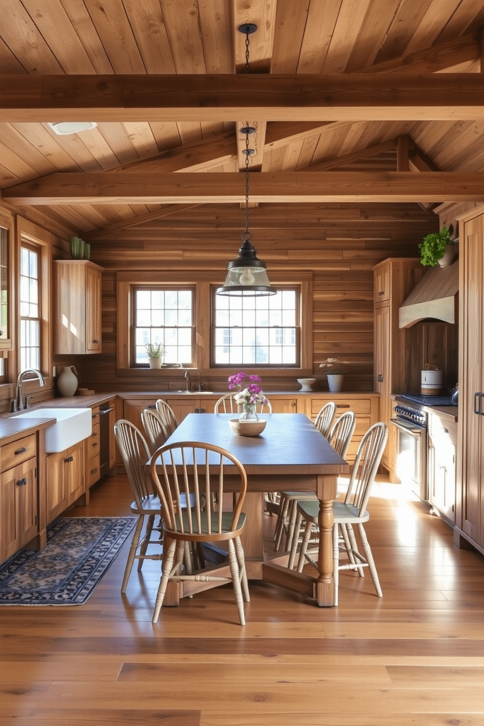 A warm and inviting country kitchen features rustic reclaimed wood cabinetry that adds character and charm. The cabinetry is complemented by a farmhouse sink and vintage-style hardware, creating a cozy atmosphere. Natural light floods the space through large windows, illuminating the wooden beams on the ceiling. A large wooden table sits in the center, surrounded by mismatched chairs that enhance the rustic feel.