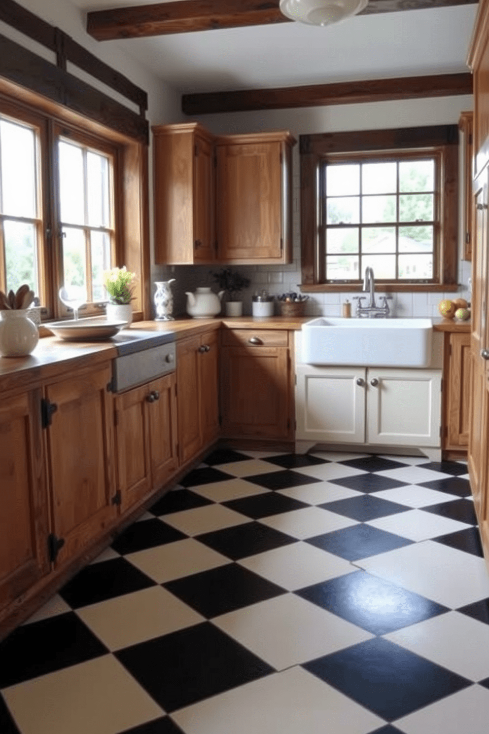 A charming country kitchen featuring classic checkered flooring in black and white. The space is filled with rustic wooden cabinets and a large farmhouse sink under a window that lets in natural light.