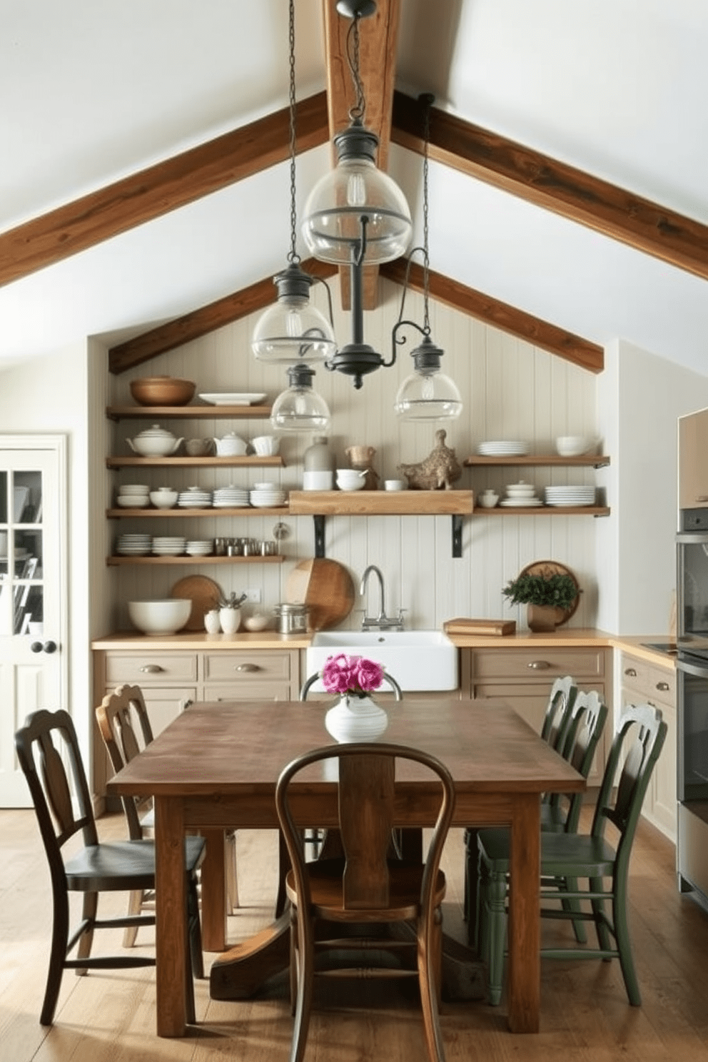 A charming country kitchen with vintage light fixtures hanging from a wooden beam ceiling. The kitchen features a large farmhouse sink, open shelving with rustic dishware, and a wooden dining table surrounded by mismatched chairs.