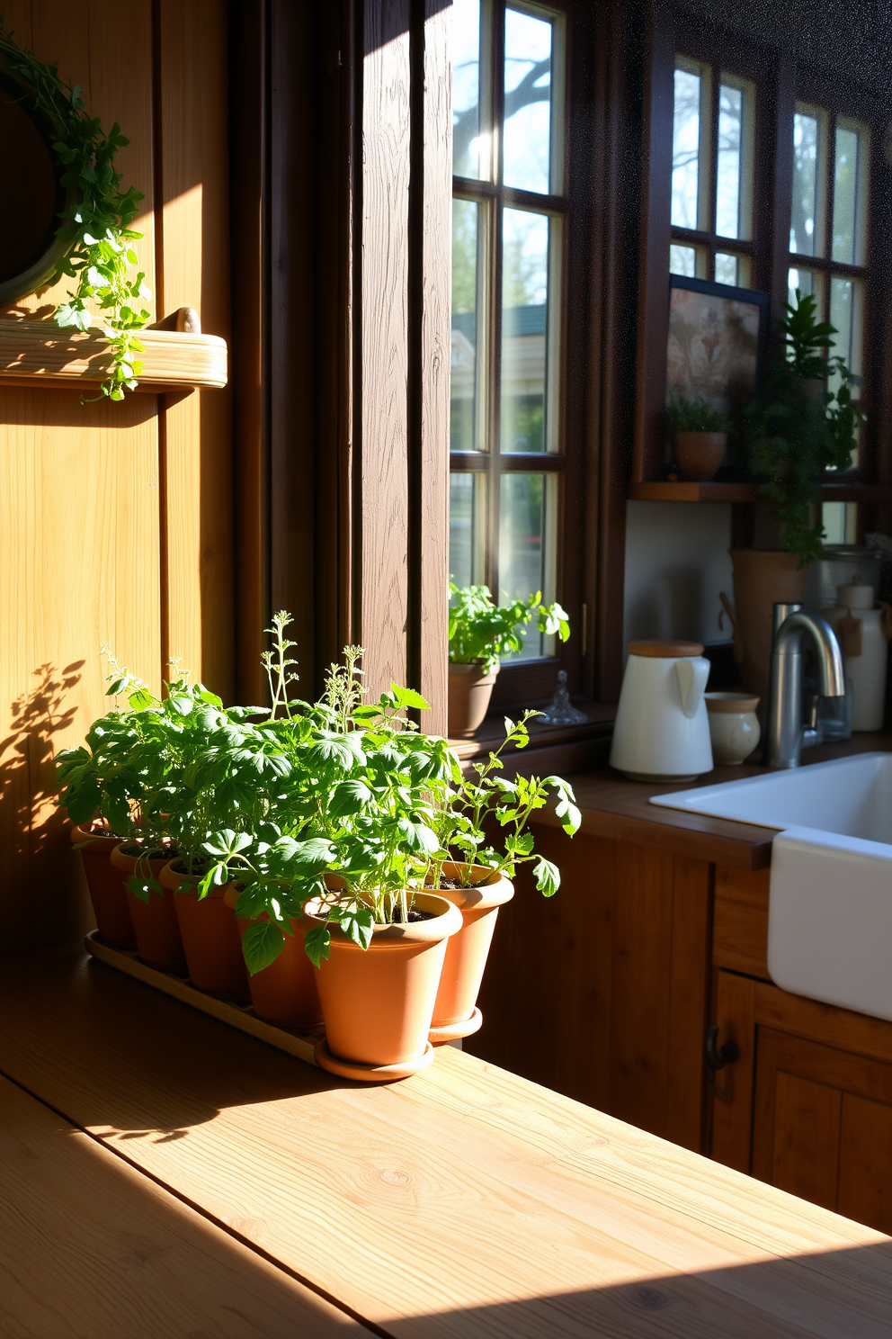 A charming herb garden sits on the kitchen windowsill, featuring a variety of fresh herbs in small terracotta pots. Sunlight streams through the window, illuminating the vibrant greens and adding a touch of warmth to the rustic atmosphere. The kitchen showcases a country design with wooden cabinets and a farmhouse sink, complemented by a large wooden dining table. Vintage accessories and soft, neutral textiles enhance the inviting and cozy feel of the space.