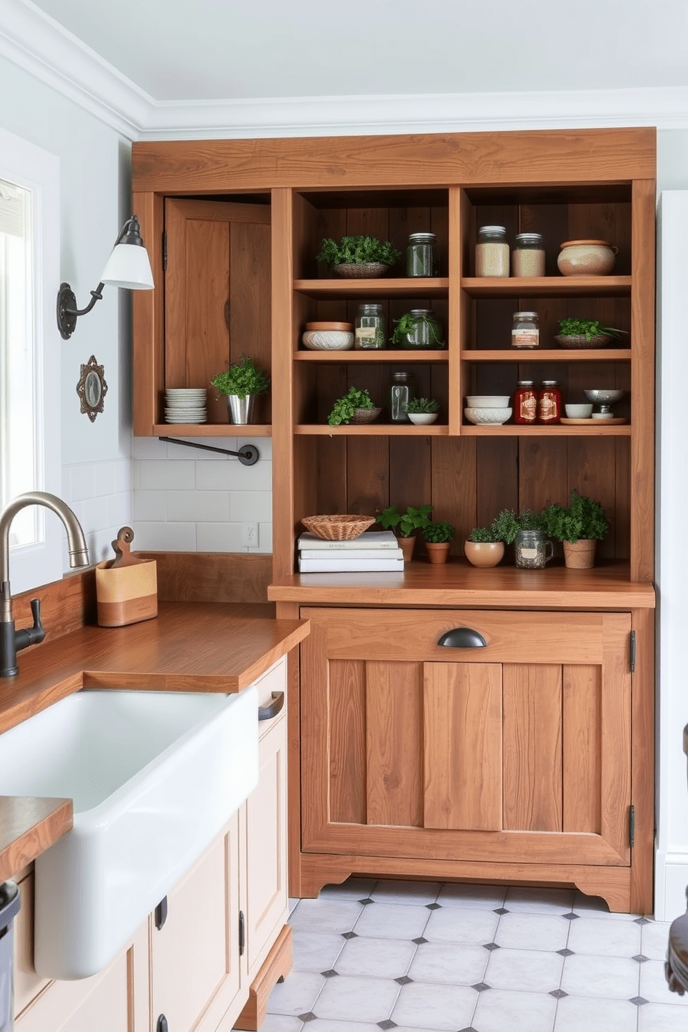 A charming country kitchen featuring a freestanding pantry crafted from reclaimed wood. The pantry is adorned with open shelving, displaying rustic jars and fresh herbs, while the surrounding space boasts a farmhouse sink and vintage-inspired fixtures.