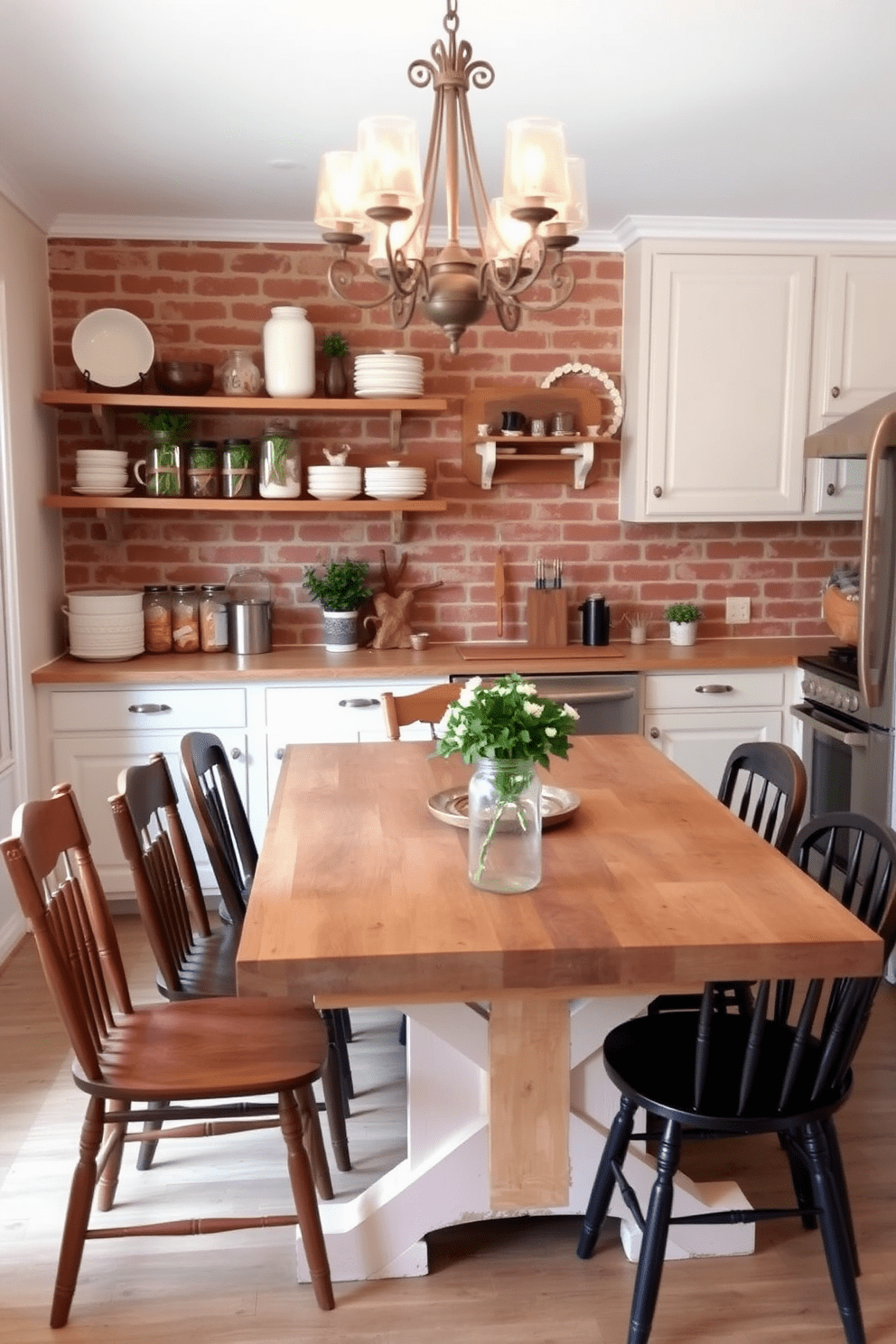 A charming farmhouse table made of reclaimed wood sits at the center of a cozy country kitchen. Surrounding the table are mismatched chairs that add character, while a vintage chandelier hangs above, casting a warm glow. The kitchen features open shelving adorned with rustic dishware and mason jars filled with fresh herbs. Soft white cabinetry contrasts beautifully with the exposed brick backsplash, creating an inviting atmosphere.