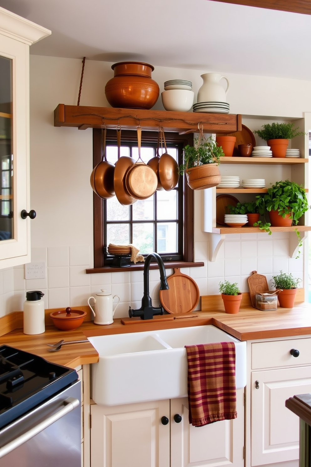 A charming country kitchen filled with rustic charm. Copper pots hang from a wooden rack above a large farmhouse sink, adding warmth and character to the space. The cabinetry is painted in a soft cream color, complemented by a butcher block countertop. Open shelving displays vintage dishware and fresh herbs in terracotta pots, enhancing the inviting atmosphere.